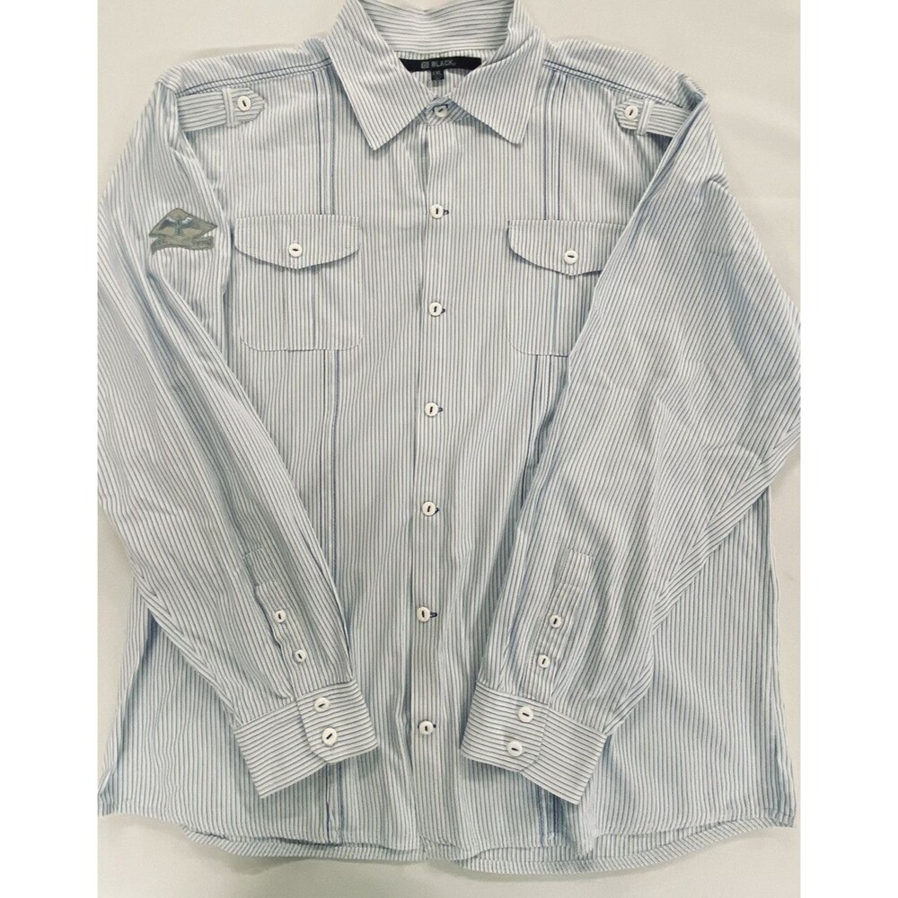 Black Mens Long Sleeve Button Down Flap Pockets Blue White Stripe Shirt Size XXL